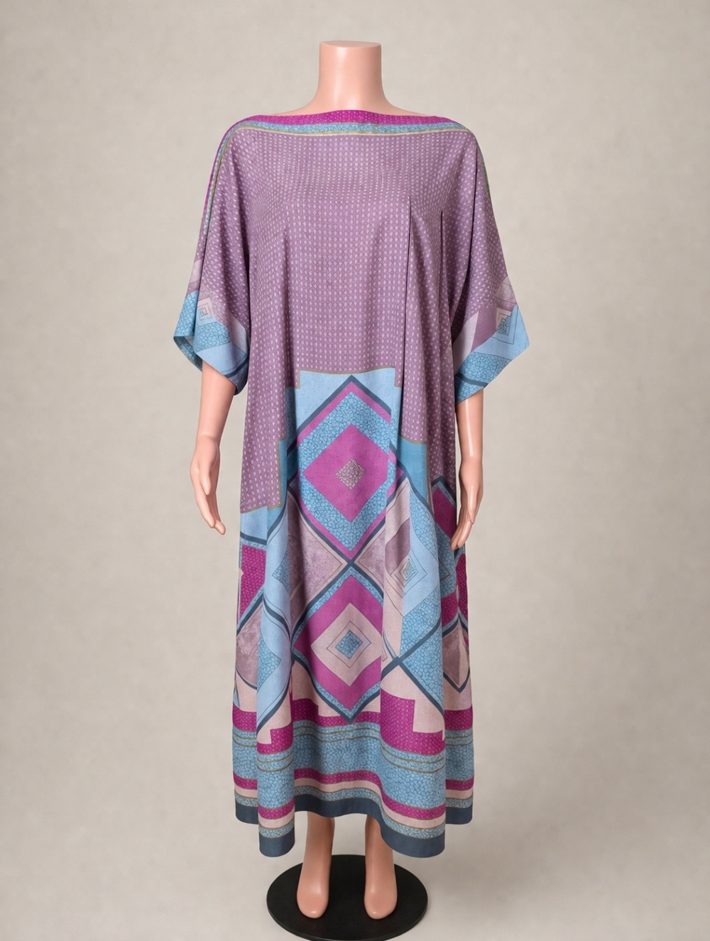 Gottex 70s Purple Geometric Maxi Kaftan Dress with Blue & Magenta Accents Small - Picture 2 of 6